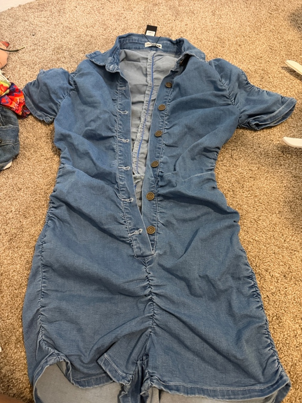 Fashion Nova Blue Denim Ruched Short Jumpsuit